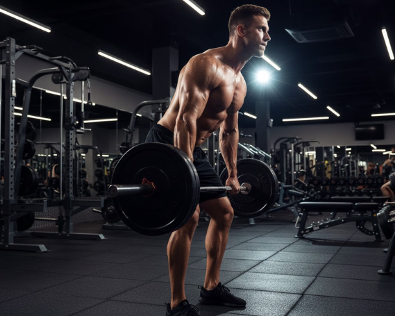 Muscular man lifting barbell in gym