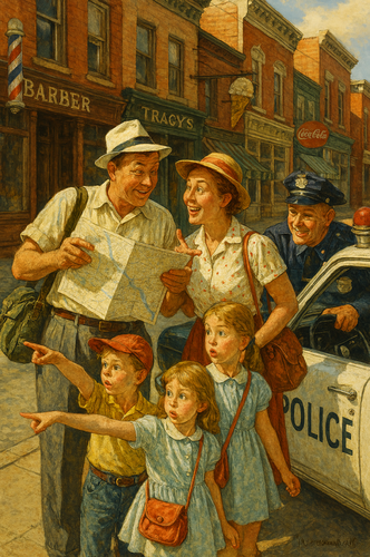 Norman Rockwell painting of confused tourist family