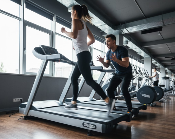 personal training session in modern gym fitness instructor coaching client on treadmill