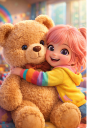 Pixar 3D animation render of a cheerful little girl with huge