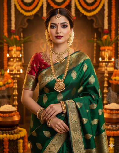 Pongal Dress AI-generated women in a luxurious emerald green Kanchipuram silk saree