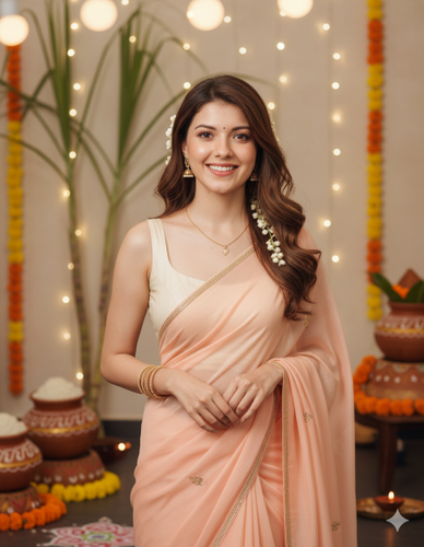 Pongal Dress AI-generated women in a pastel peach saree with minimal gold