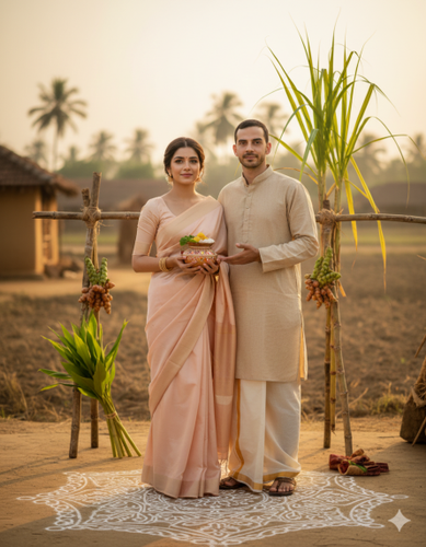 Showing a couple image into a modern yet traditional Pongal photoshoot