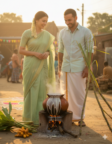 showing a couple photo into a candid Pongal morning ritual moment