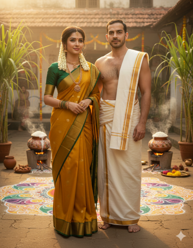 Showing a couple photo into a realistic Pongal festival portrait