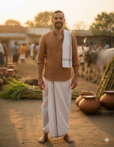 Showing Ai-Generated traditional rural Pongal celebration look for men