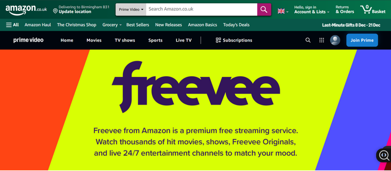 Amazon Freevee Benutzeroberfläche