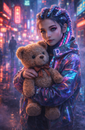 stylish cyberpunk girl with neon-lit braids