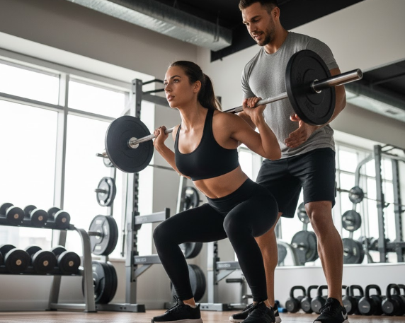 Trainer demonstrating proper squat form