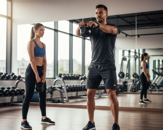 Trainer guiding resistance band exercise Client learning kettlebell workout technique