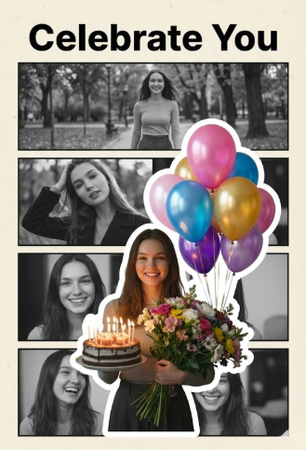 Young woman with bouquet and balloons