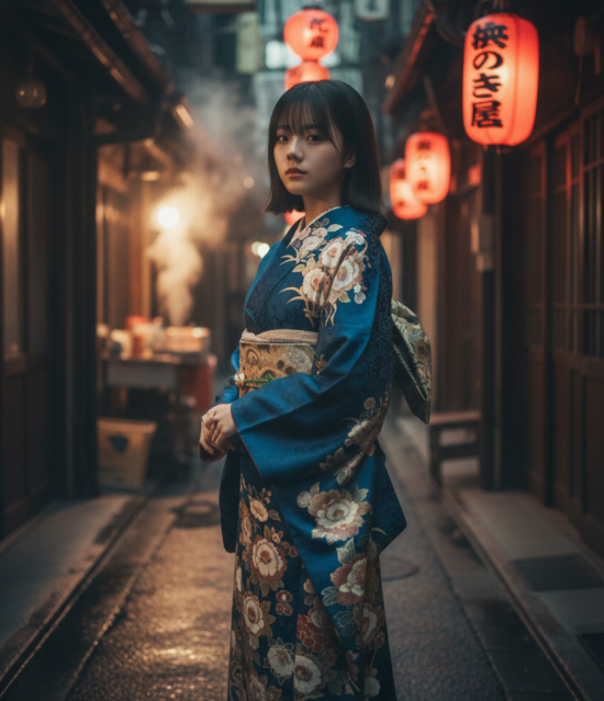 a  woman in a traditional Showa-era kimono at night