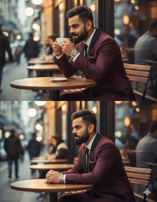 two frames of Virat Kohli on a Cafe