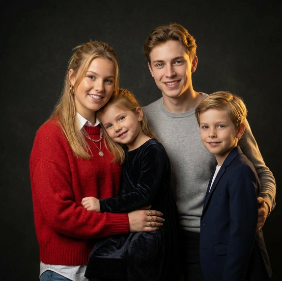 Filmisches Familienporträt mit Eltern und Kindern in formeller Kleidung und goldener Studio-Beleuchtung