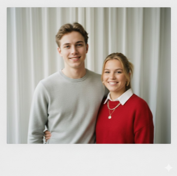 Zwei Personen als realistisches Polaroid-Sofortbild mit sanfter Bewegungsunschärfe und warmem Filmlook