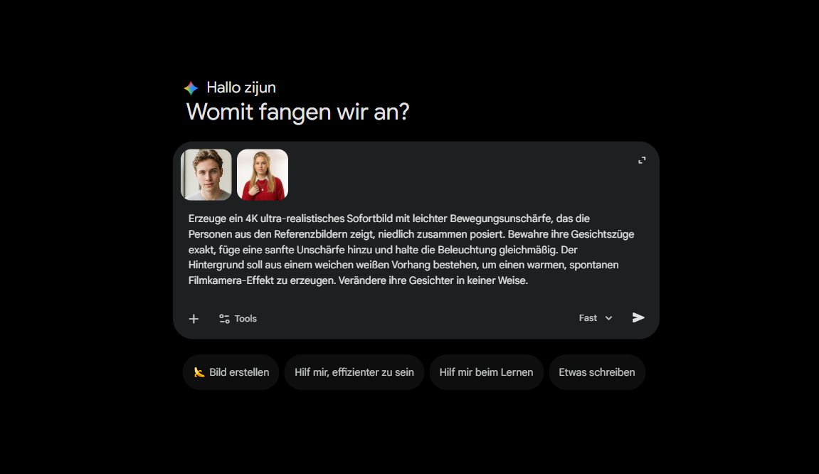 Zwei Bilder per Plus-Symbol oder Drag-and-Drop in Gemini hochladen