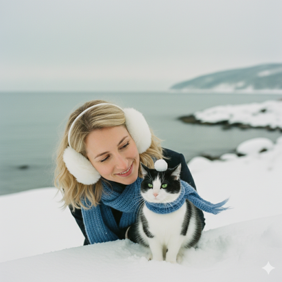 Person und Haustier an einem winterlichen Strand mit Schal, Schnee und Fuji-Film-Look