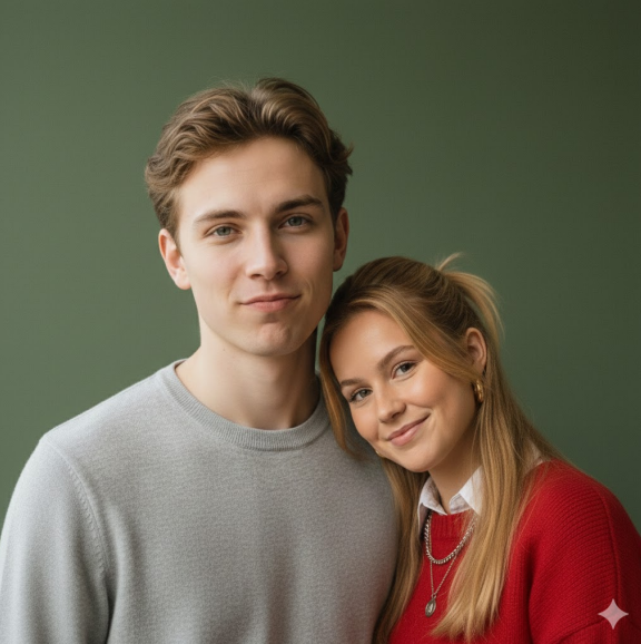 Koreanische Paarfotografie im Studio mit filmischem Stil, warmer Farbgebung und enger Interaktion