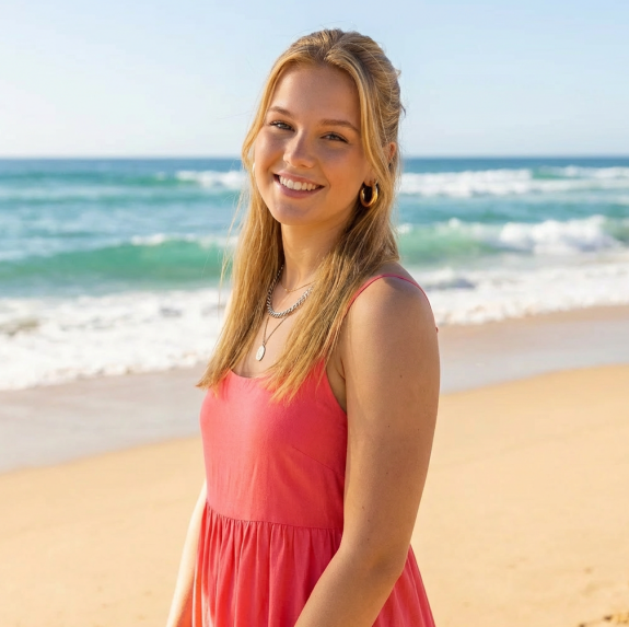 Person realistisch in einen Strandhintergrund integriert mit natürlicher Beleuchtung und weichen Schatten