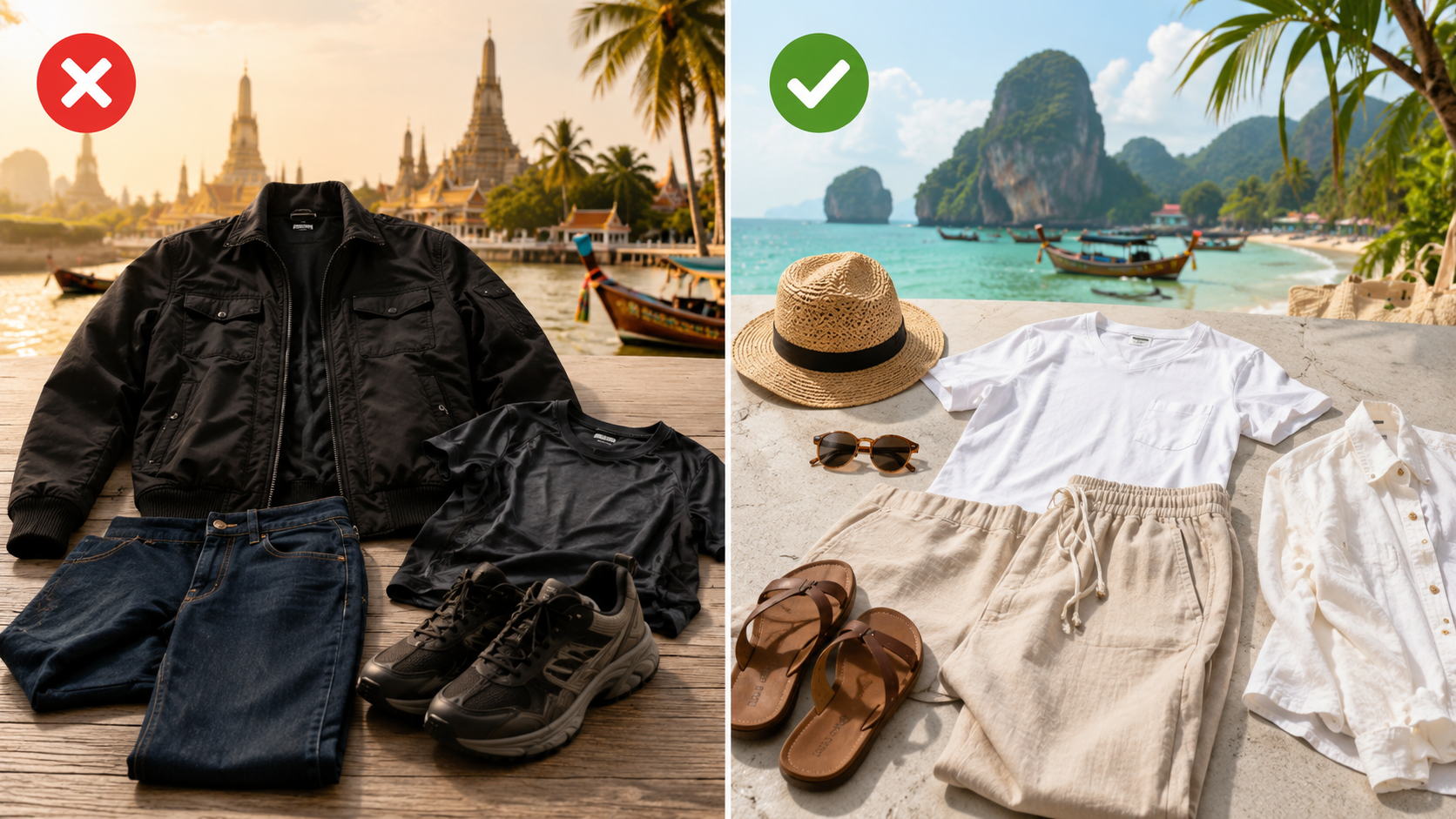 Comparación entre ropa ligera y ropa poco adecuada para el clima húmedo de Tailandia