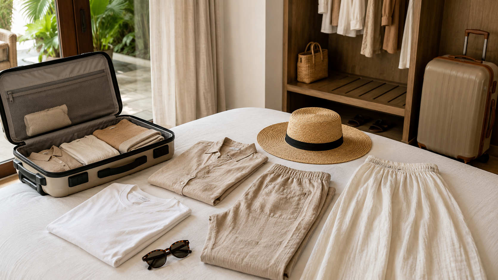 Outfit de playa con vestido ligero y sombrero para Tailandia