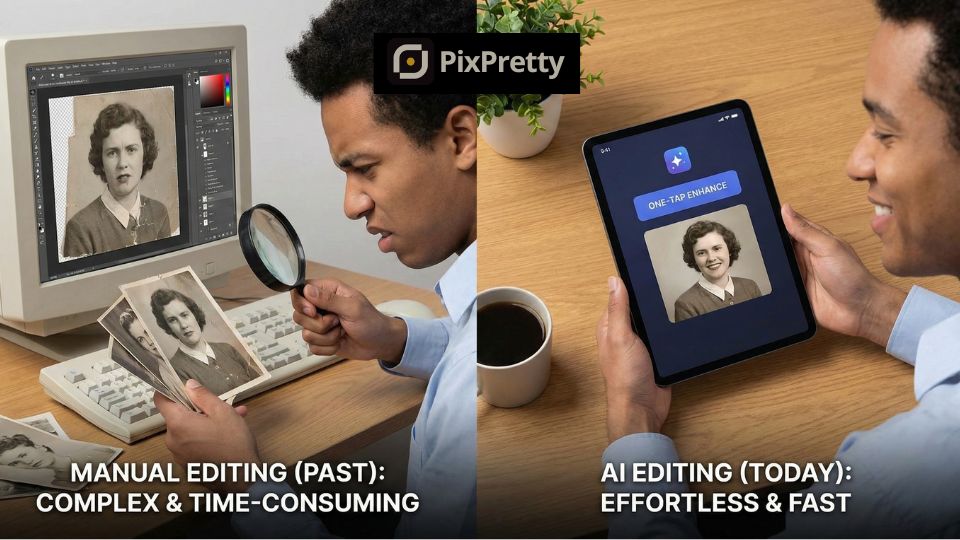 Perbandingan foto keluarga Natal blur vs tajam dengan PixPretty
