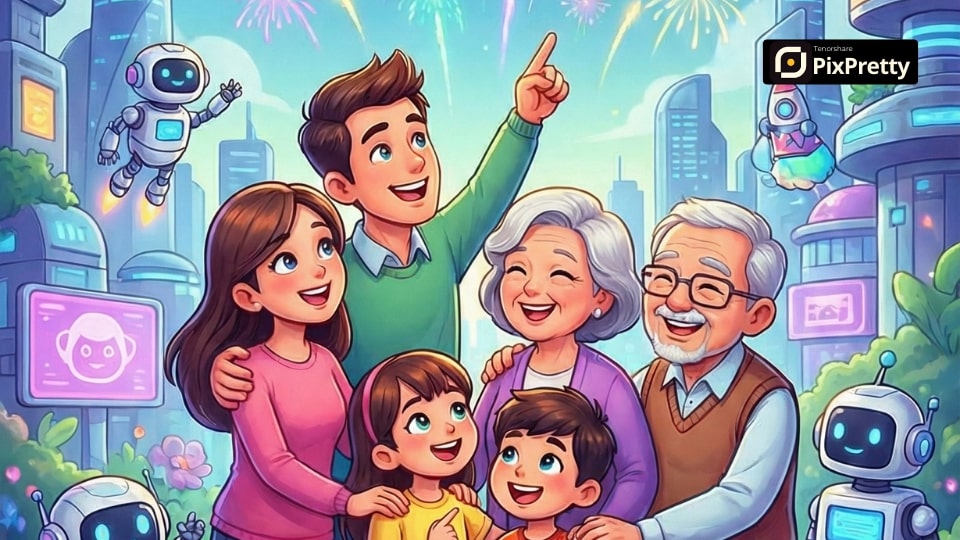 Poster keluarga efek kartun AI untuk tahun baru 2026