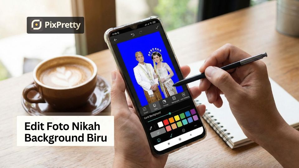 Edit foto nikah background biru di HP