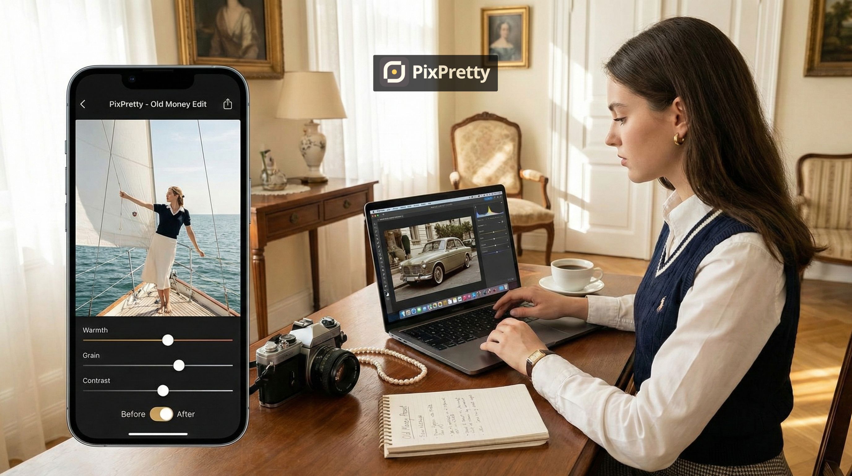 Proses edit foto old money di PixPretty