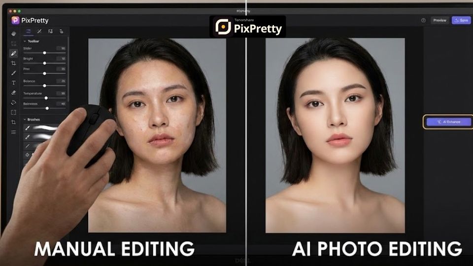 Perbandingan edit foto manual dan AI PixPretty
