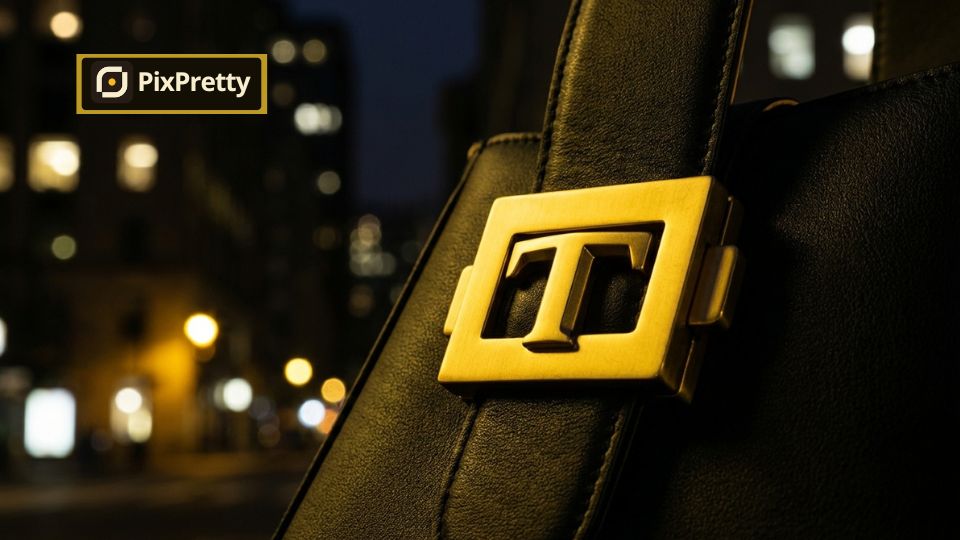 Proses AI Enhance PixPretty mempertajam tekstur kulit jeruk pada tas branded