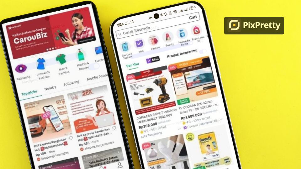 Tampilan aplikasi Carousell dan Tokopedia