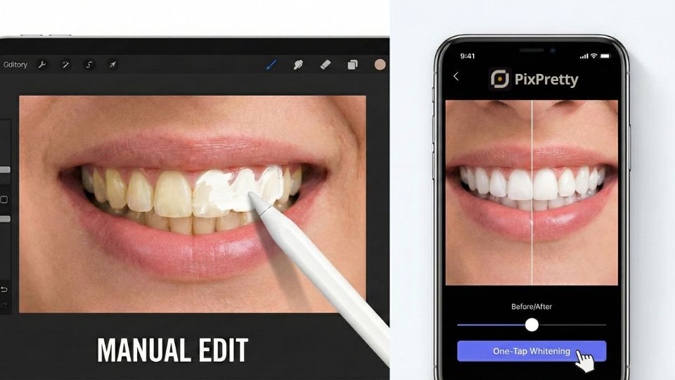 Perbandingan edit gigi manual vs AI PixPretty