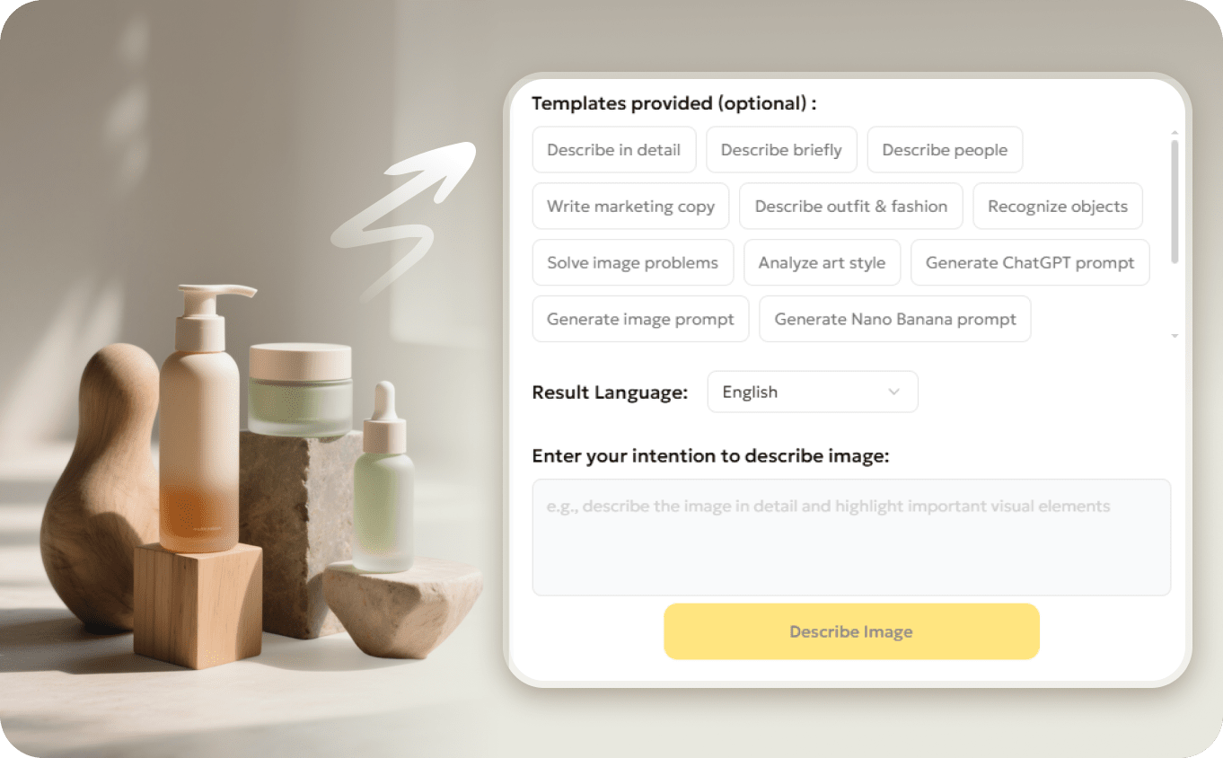 AI image describer auto-generates product background prompts