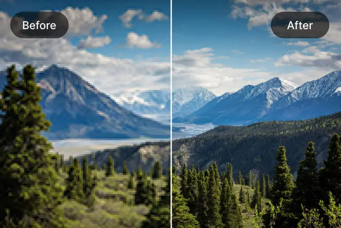 пример улучшения качества изображения на пейзажной фотографии до и после обработки