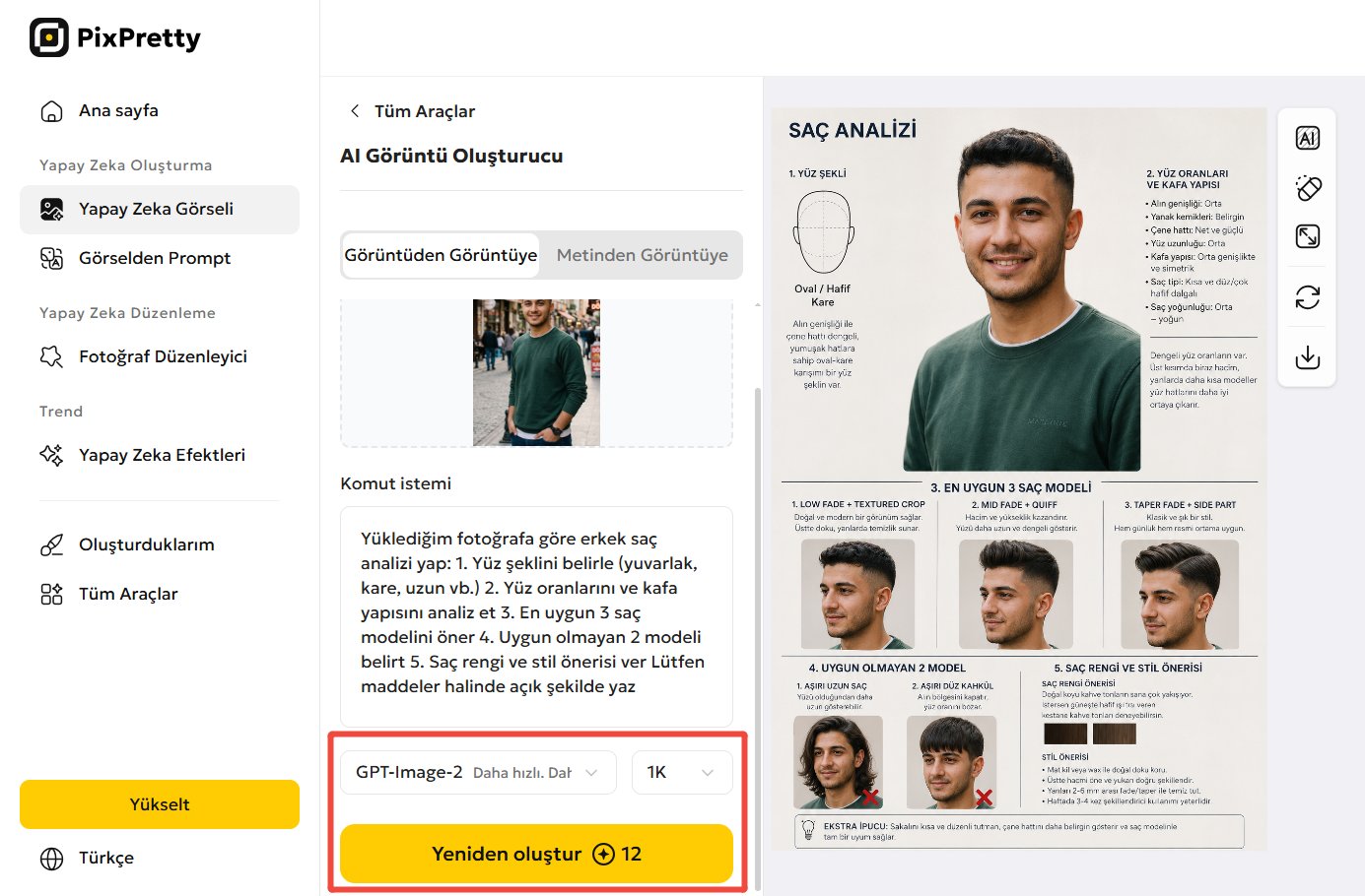 pixpretty saç modeli analizi yapma