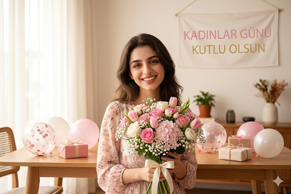 İç mekanda çiçek buketi tutan kadın