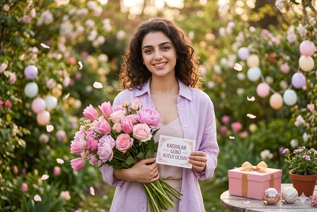 Bahar bahçesinde çiçek buketi tutan kadın