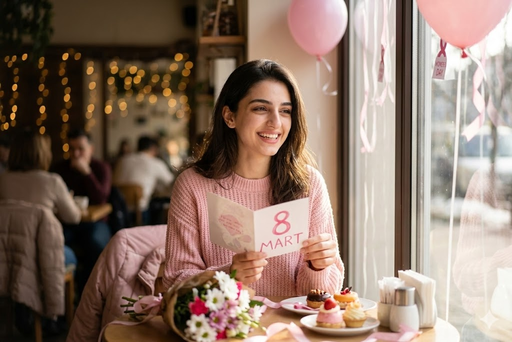 Kafe ortamında tebrik kartı tutan kadın