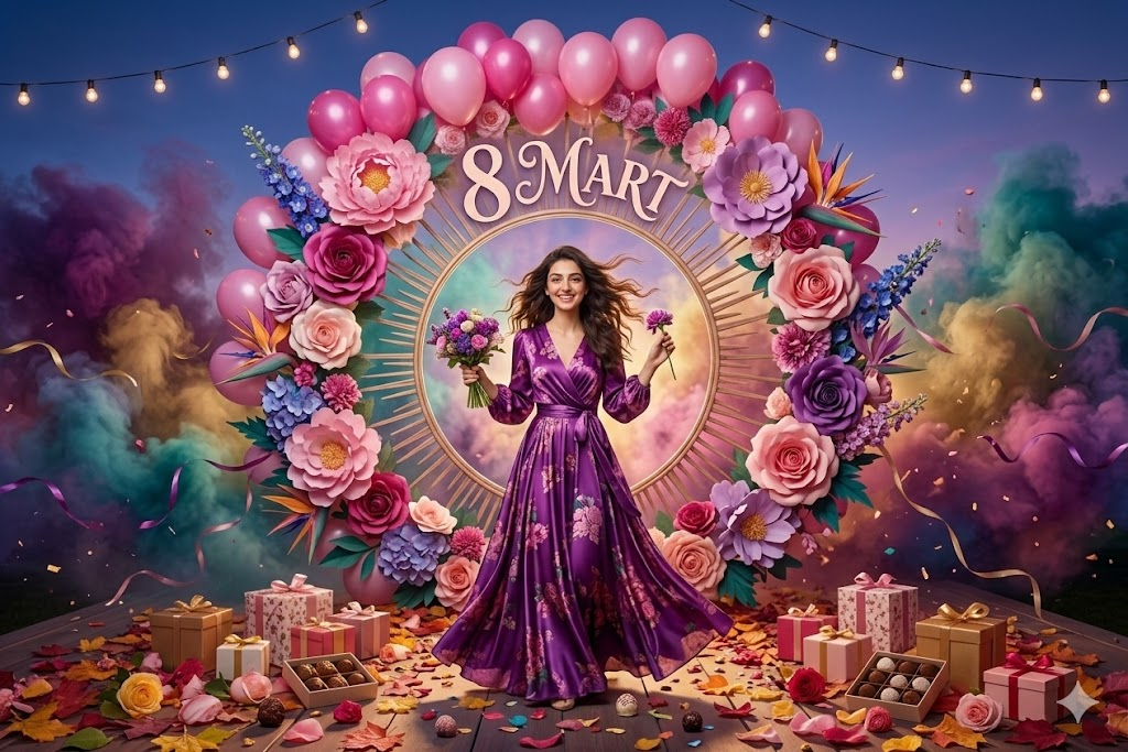 Çiçek çelengi önünde mor elbiseli kadın