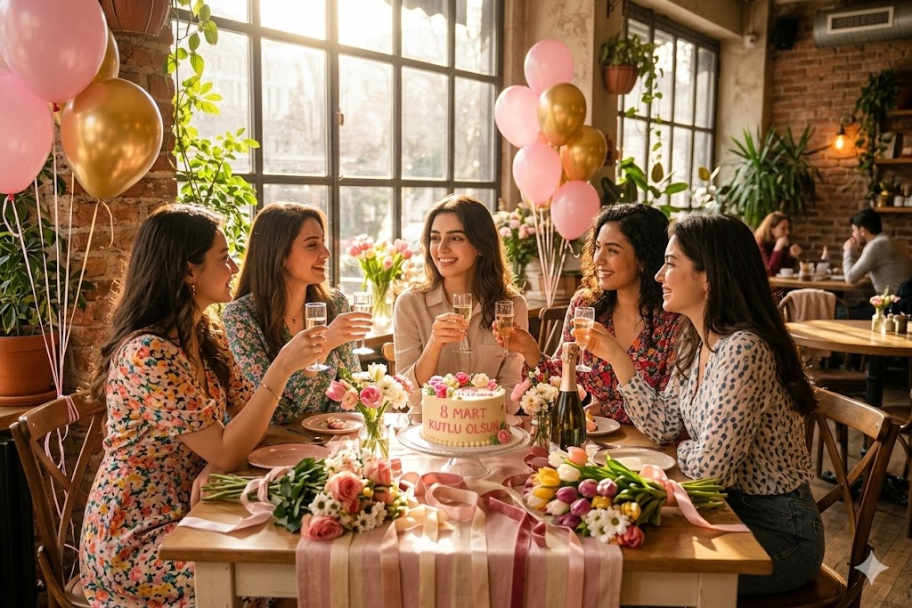 Kafede kadın arkadaşlar 8 Mart kutlaması