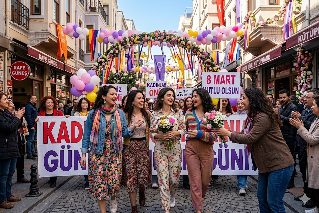 Şehir sokağında kadınlar yürüyerek kutlama yapıyor