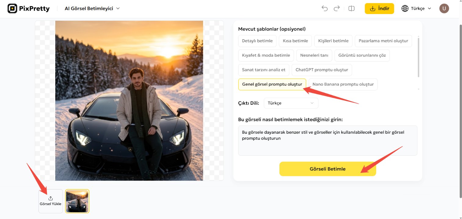 pixpretty araba fotoğraftan prompt oluşturma