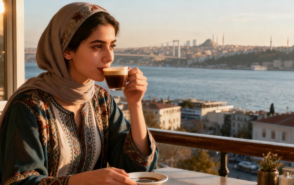 İstanbul boğazında kahve içen genç bir kadın