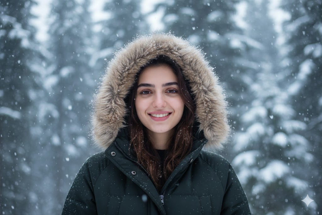 chatgpt portre fotoğraf promptları kış orman kar yağışı sinematik