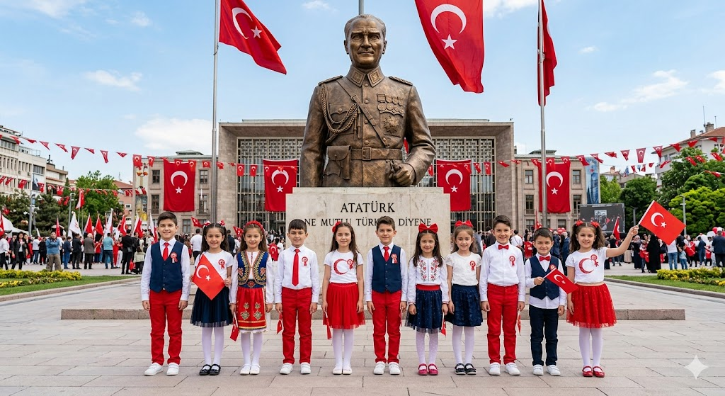 Atatürk heykeli çocuklar bayram prompt