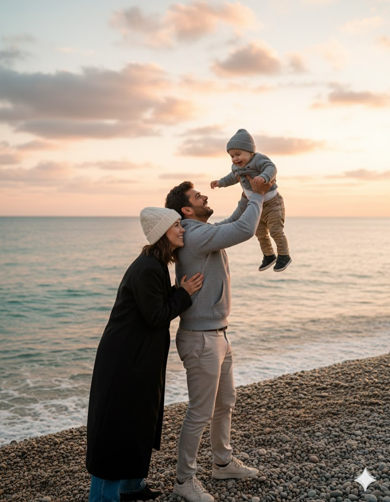 gemini aile fotoğrafı yapma promptları gün batımı sahil aile fotoğrafı