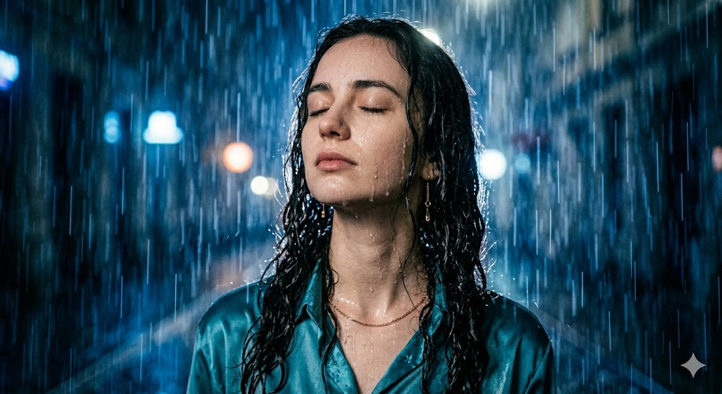 yağmurlu kadın portre prompt