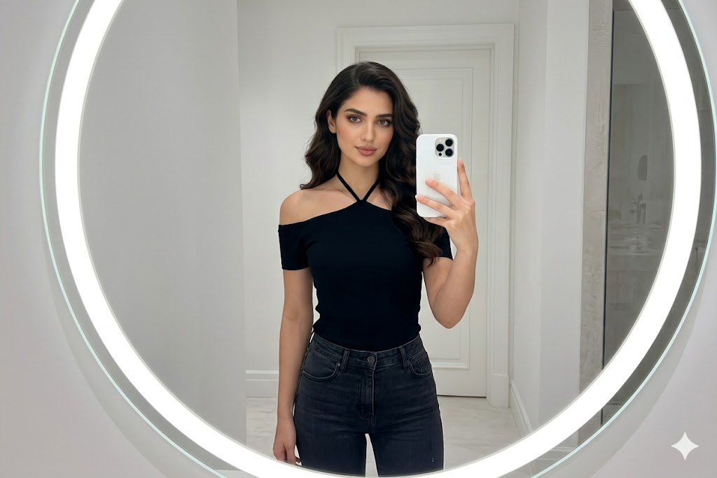 Siyah saçlı kadın aynada selfie