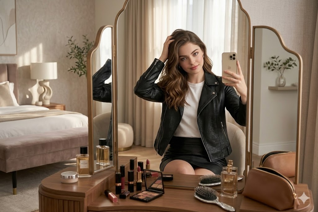 Siyah deri ceketli kadın aynada